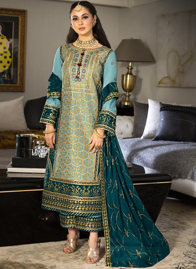 Georgette Blue Party Wear Embroidery Work Pakistani Suit